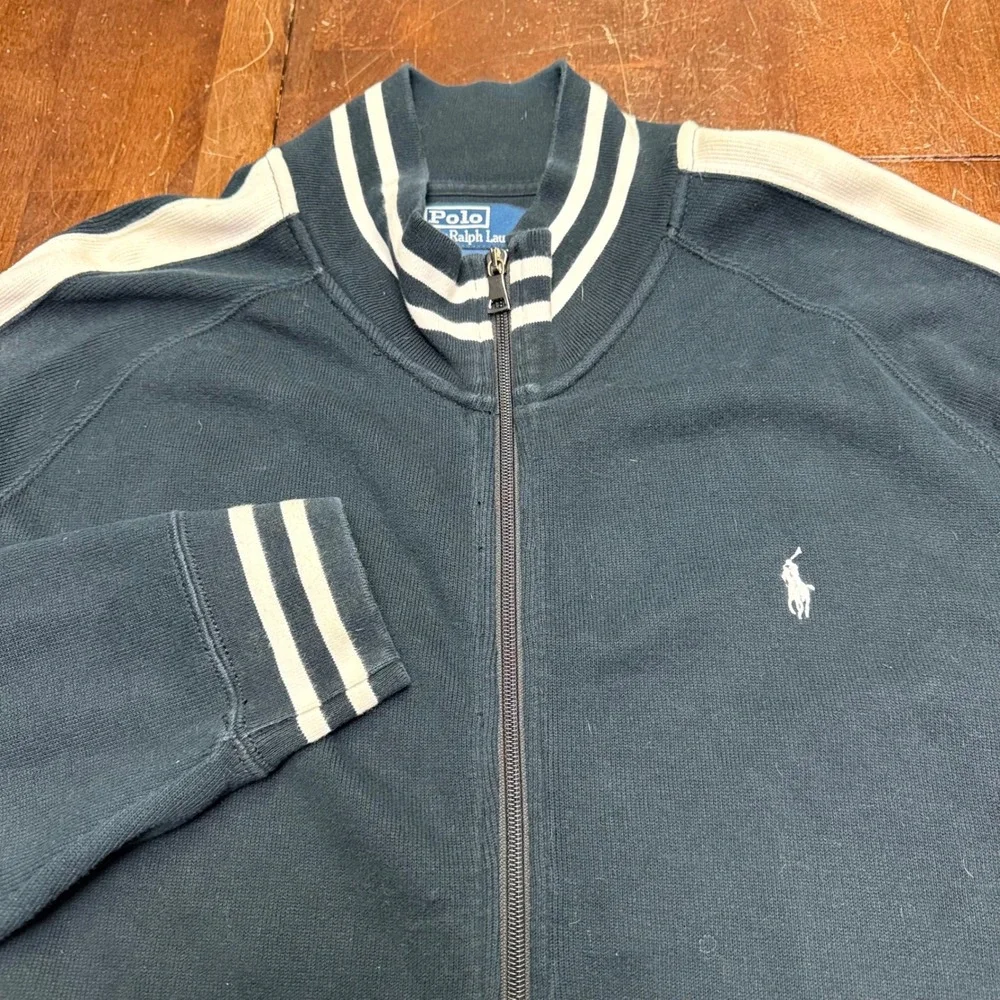 Vtg Polo Ralph Lauren Track Jacket Mens XXL Black White Stripe Full Zip Cotton